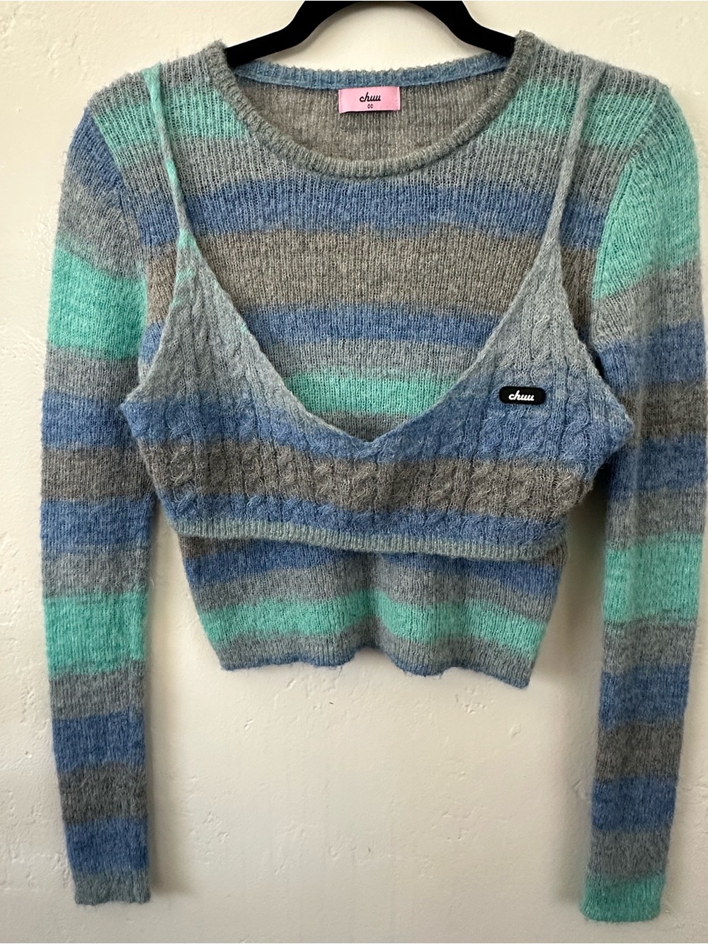 Chuu Korean K-Fashion Y2K Attached Cami Faux Layered Wool Crop Sweater S